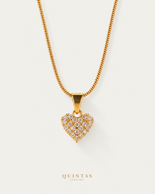 Zirconia Heart Necklace, snake chain, frontal hero, neutral greige and canonical gold logo