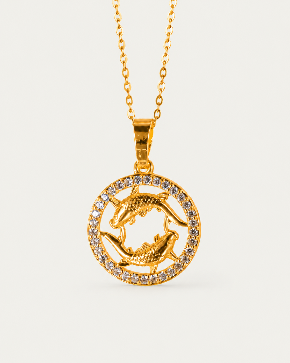 QUINTAS Zodiac Sign 18k Necklace — Pisces / actual cable-chain front view, neutral greige