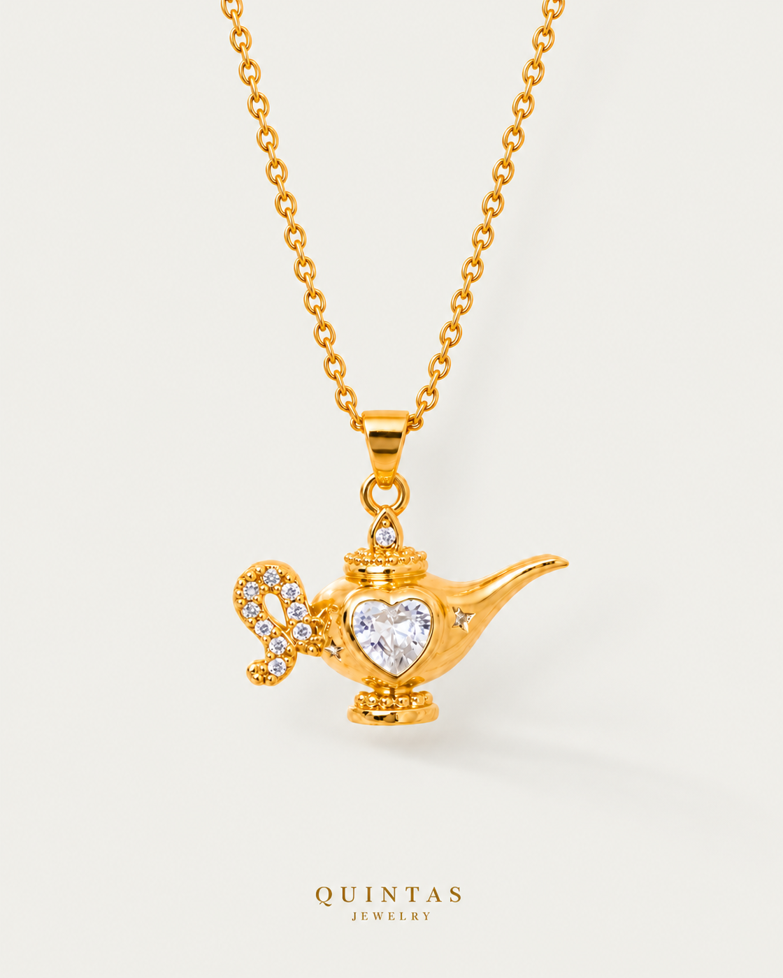 Aladdin Wish Lamp Necklace — cable chain, neutral greige hero