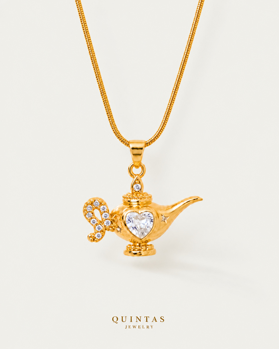 Aladdin Wish Lamp Necklace — snake chain, neutral greige companion