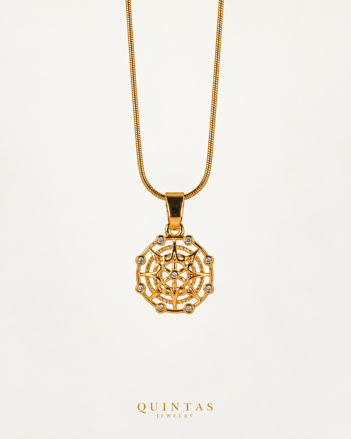 Amelia's Compass Necklace — actual premium Snake chain, source-faithful off-white companion