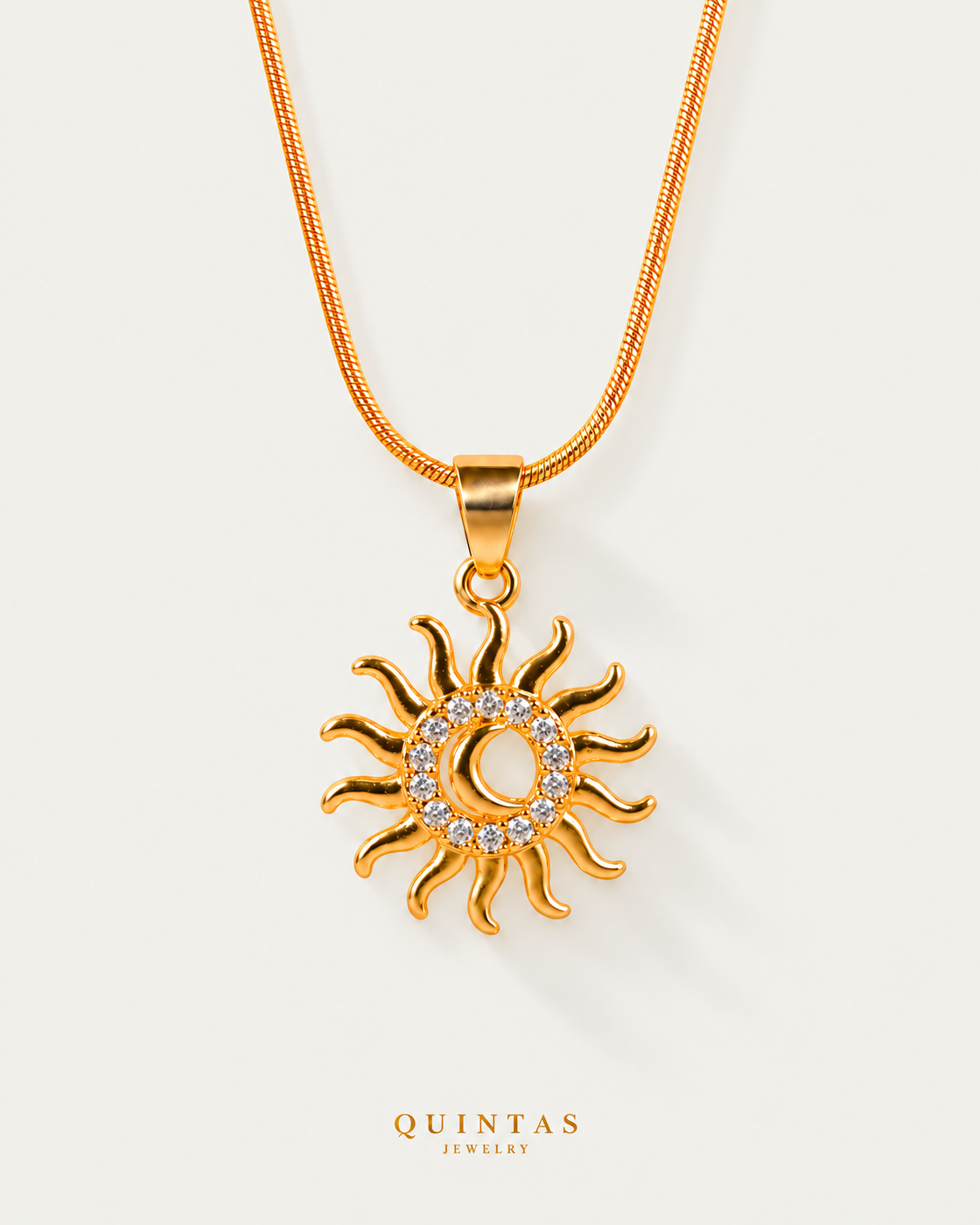 Golden Bohemian Sun Moon Necklace — snake chain, neutral greige hero