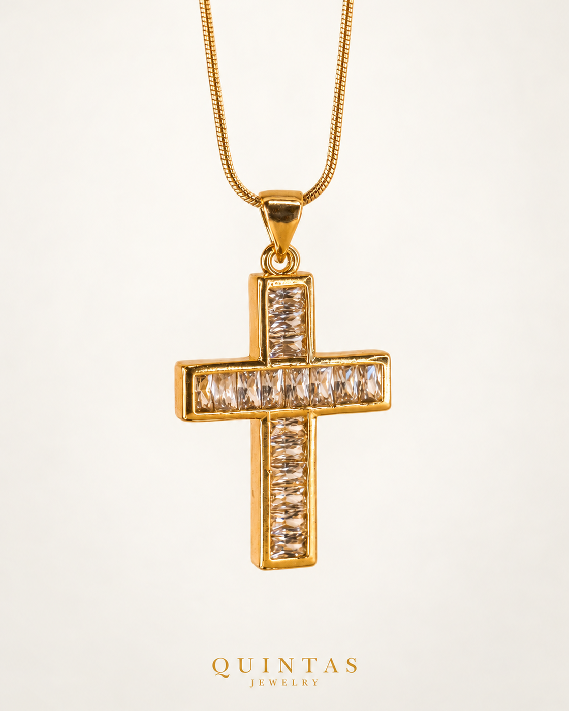 Bold Iced Cross Necklace — actual Snake chain, source-faithful off-white second photo