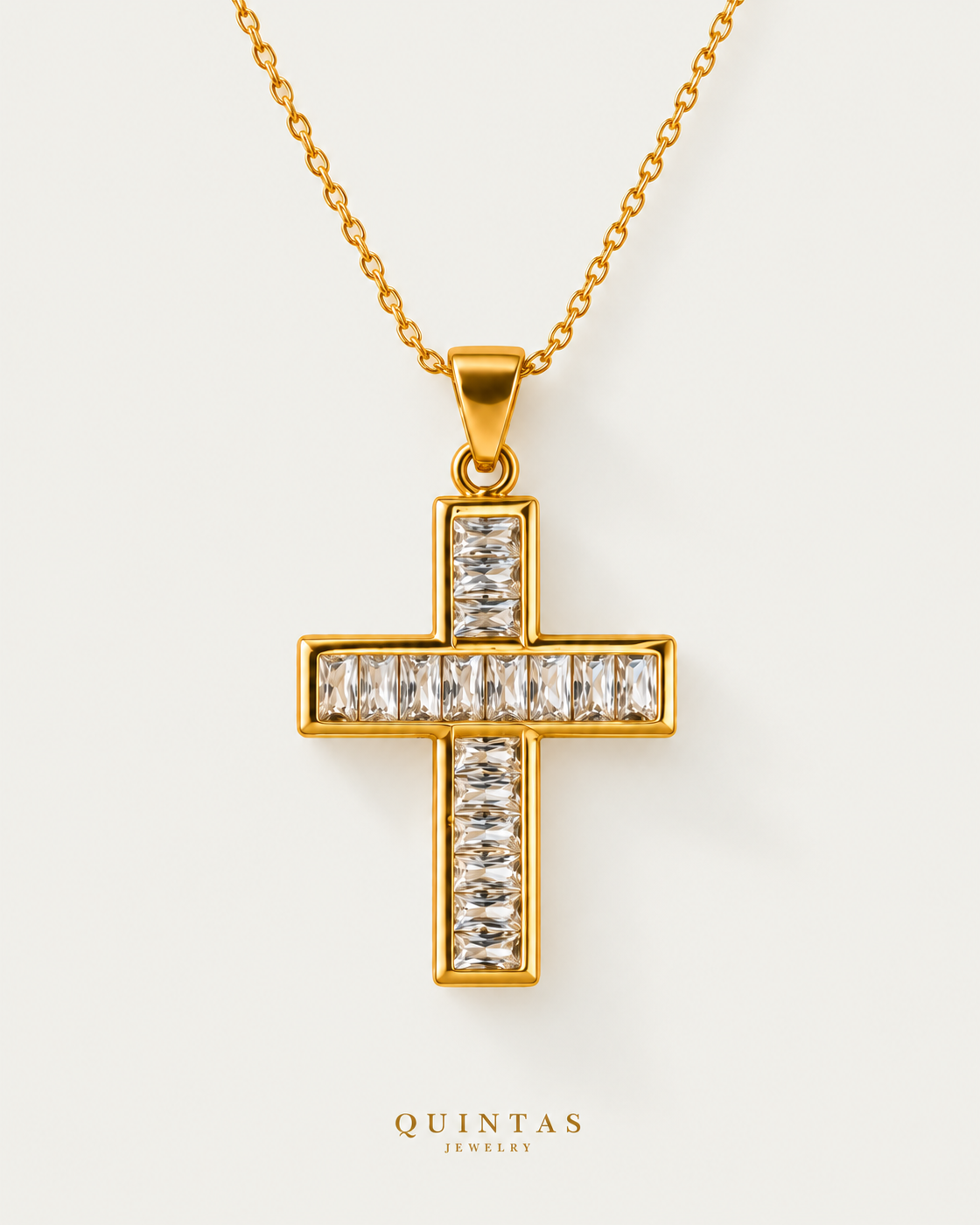 Bold Iced Cross Necklace — gold cable chain, front hero, neutral greige