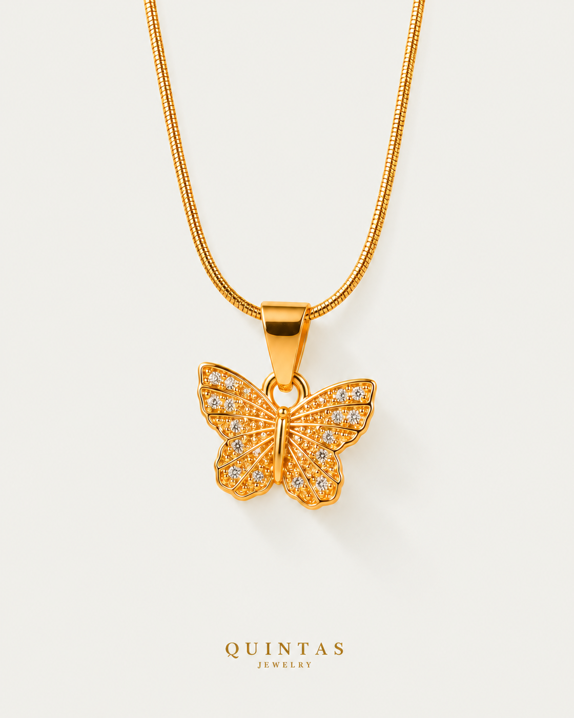 Caroline Butterfly Necklace — snake chain, neutral greige companion