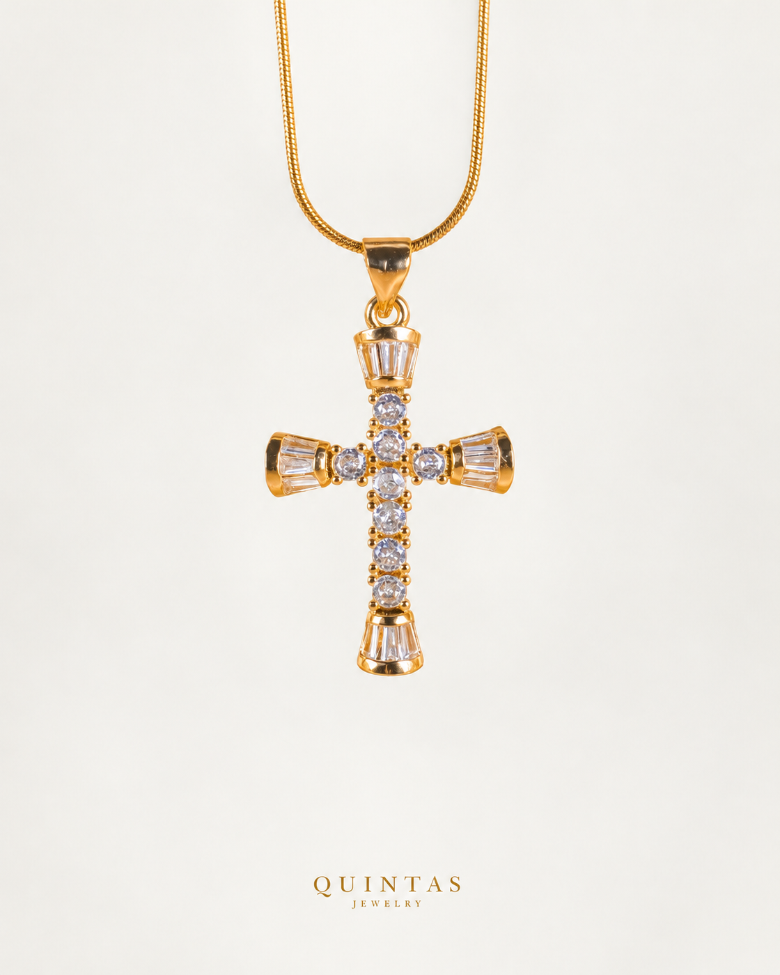 David Glass Crucifix Necklace — actual premium Snake chain, source-faithful off-white companion