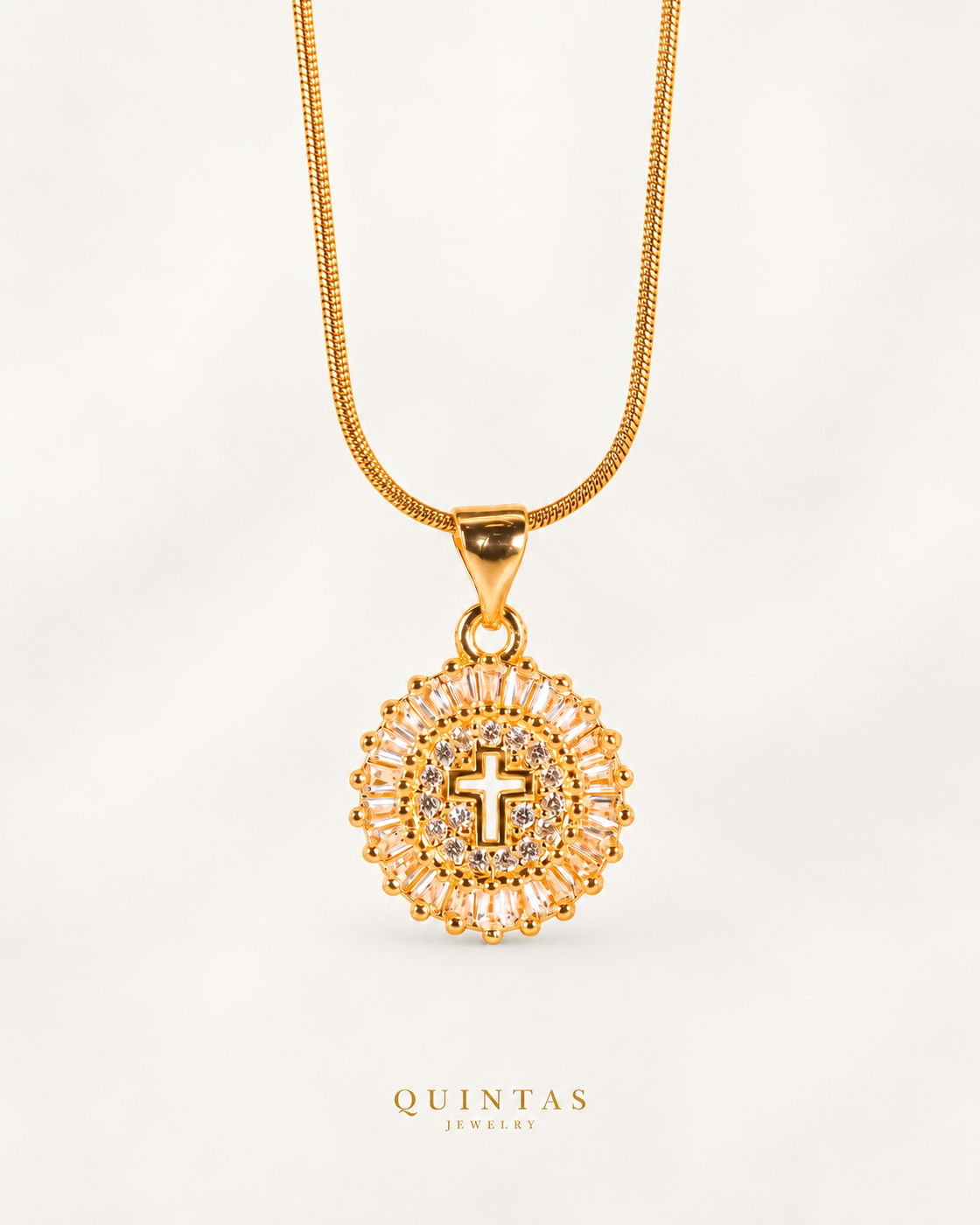 Cross Diamond Halo Necklace — actual Snake chain, off-white