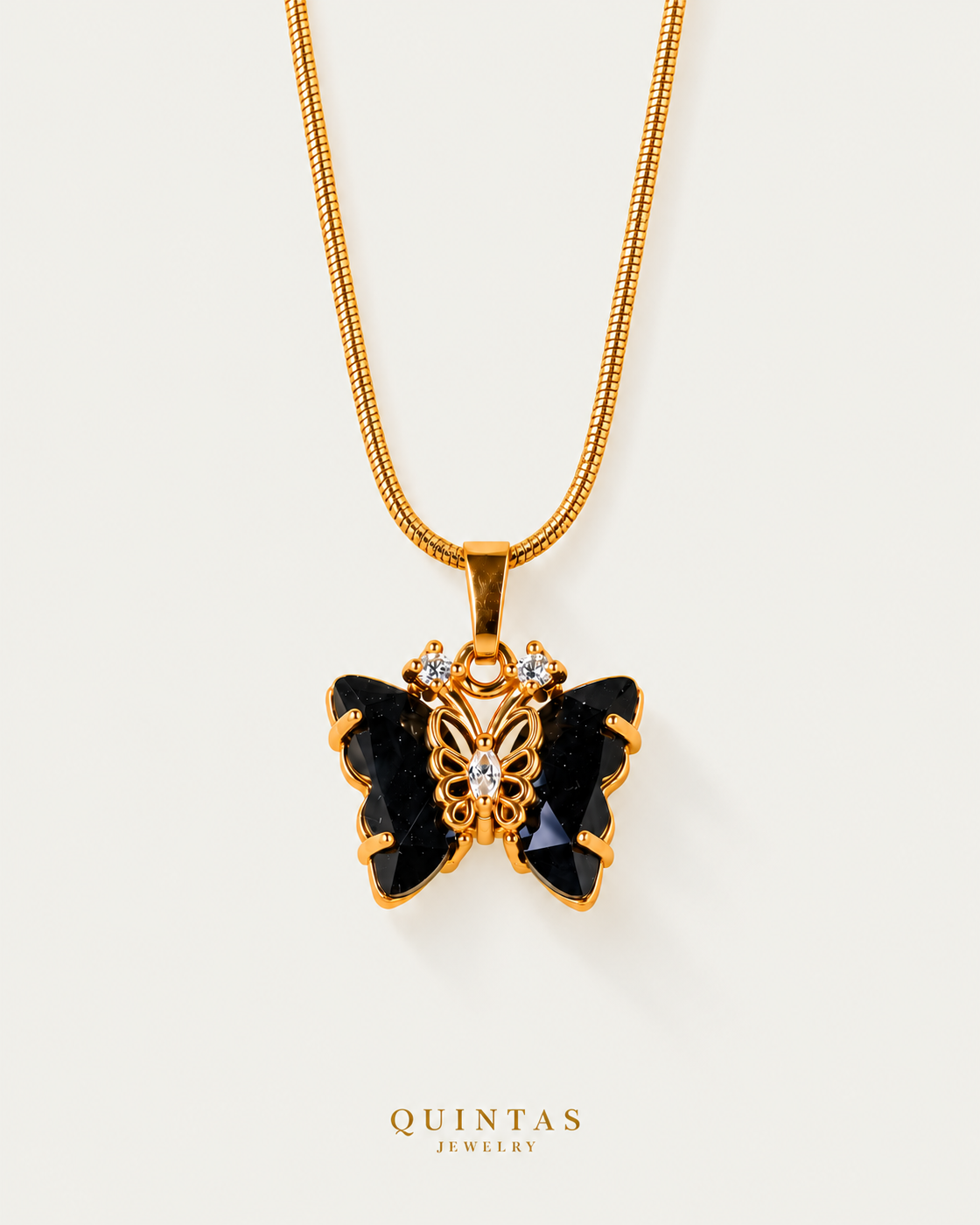Gemstone Butterfly Necklace — snake chain, neutral greige companion