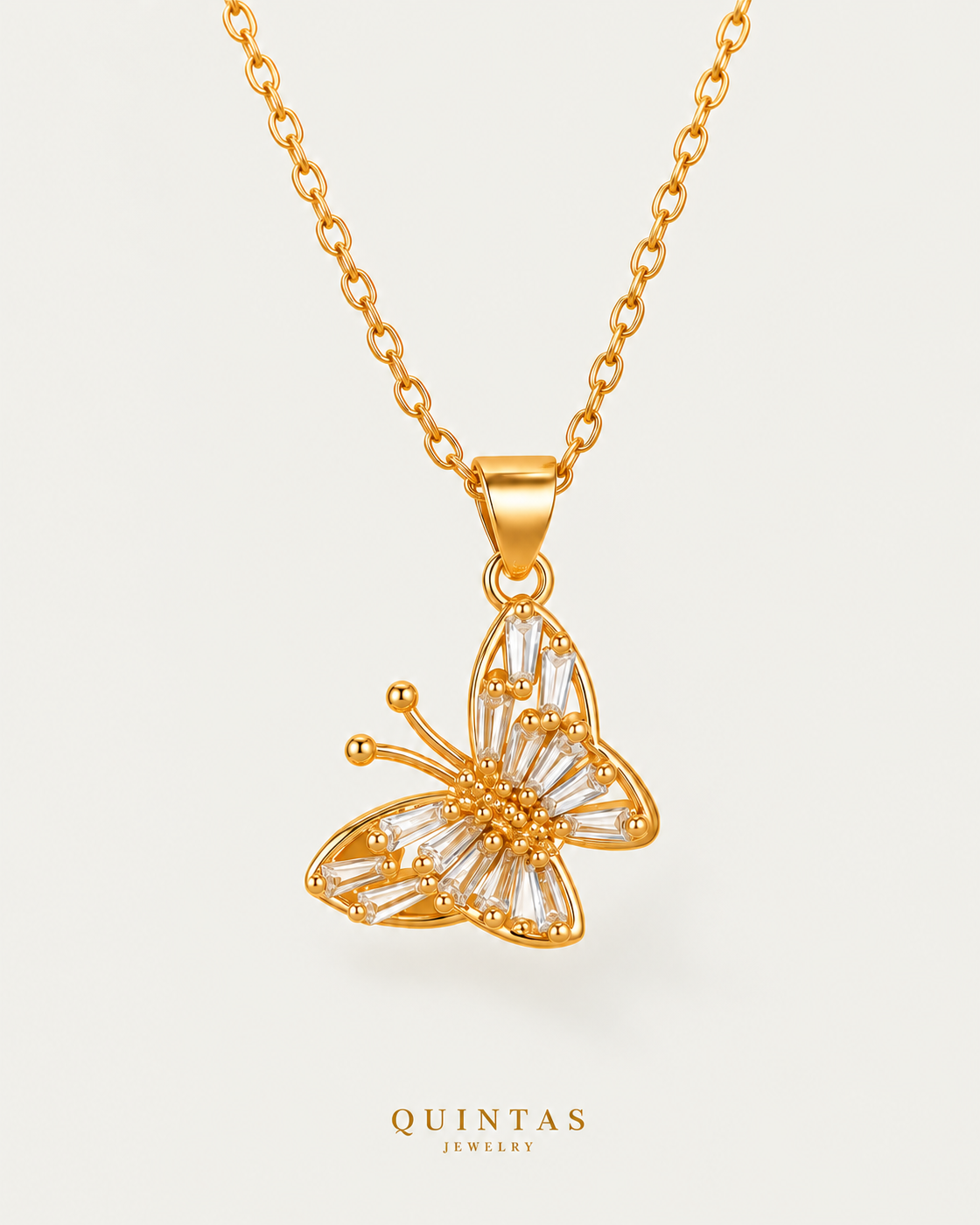 Glass Butterfly Necklace — gold cable chain, front hero, neutral greige