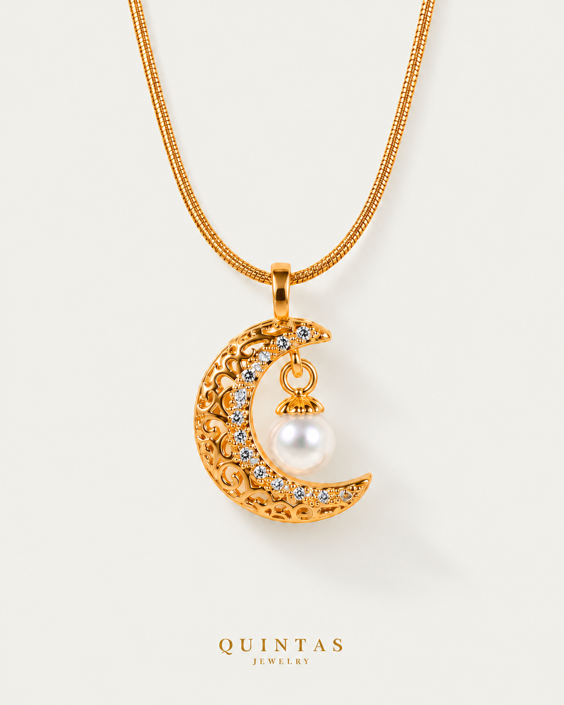 Helena Moon and Pearl Necklace — snake chain, neutral greige companion