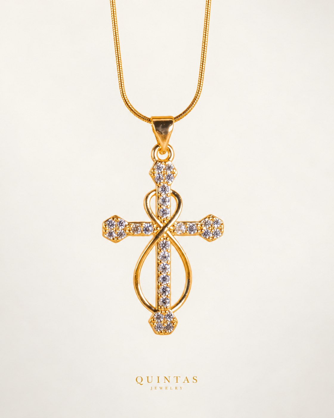 Infinity Faith Cross Necklace — actual Snake chain, source-faithful off-white second photo