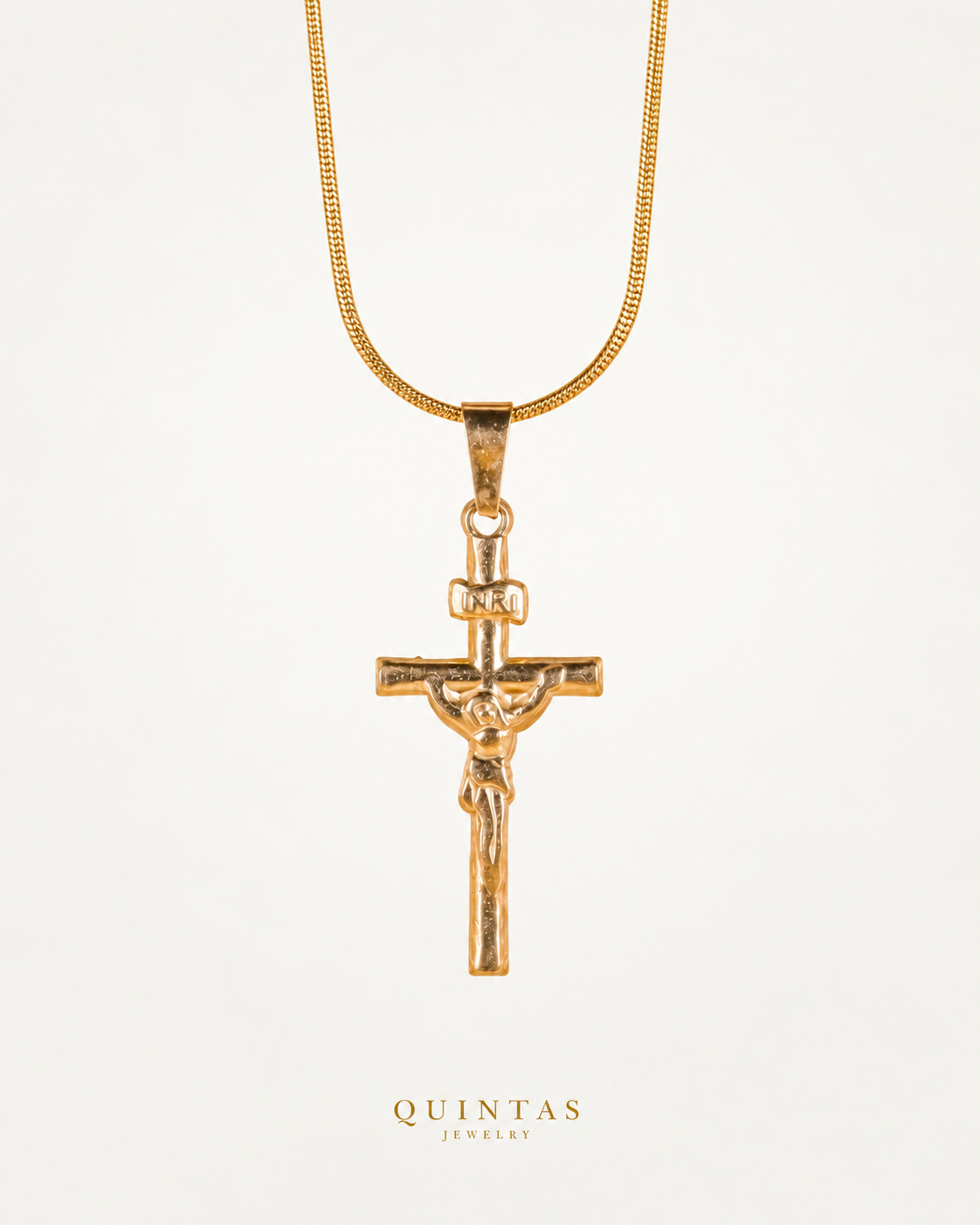 Jesus Crucifix Necklace — actual premium Snake chain, source-faithful off-white companion