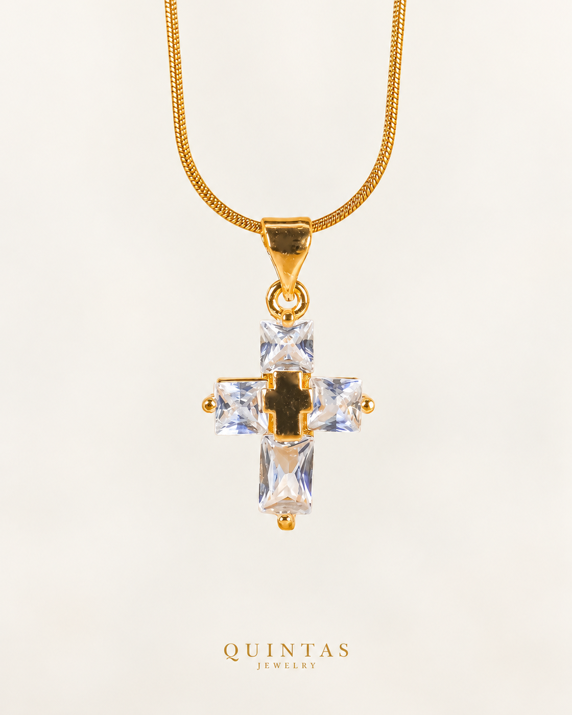 Luméa Crystal Cross Necklace — actual Snake chain, source-faithful off-white second photo