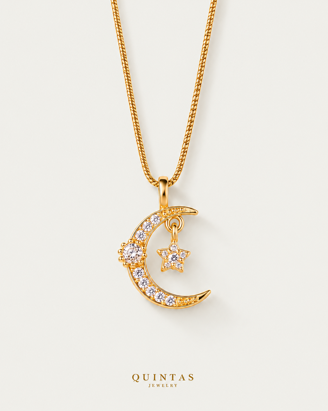 Luna Moon and Star Necklace — snake chain, neutral greige hero
