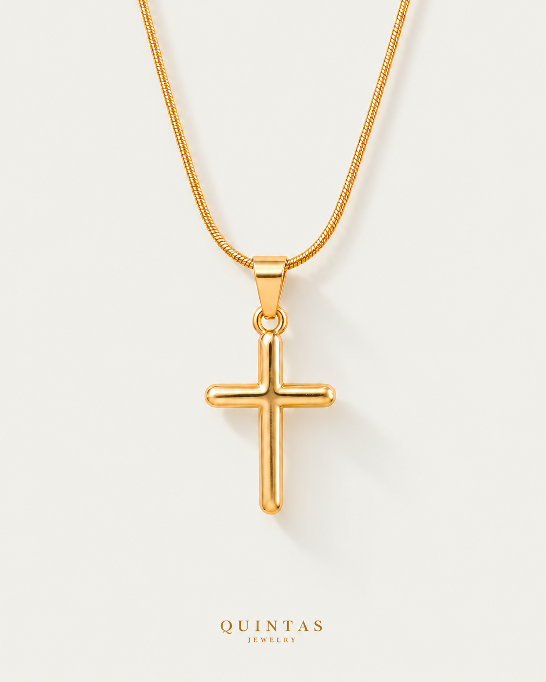 Minimalist Cross Necklace — snake chain, neutral greige hero