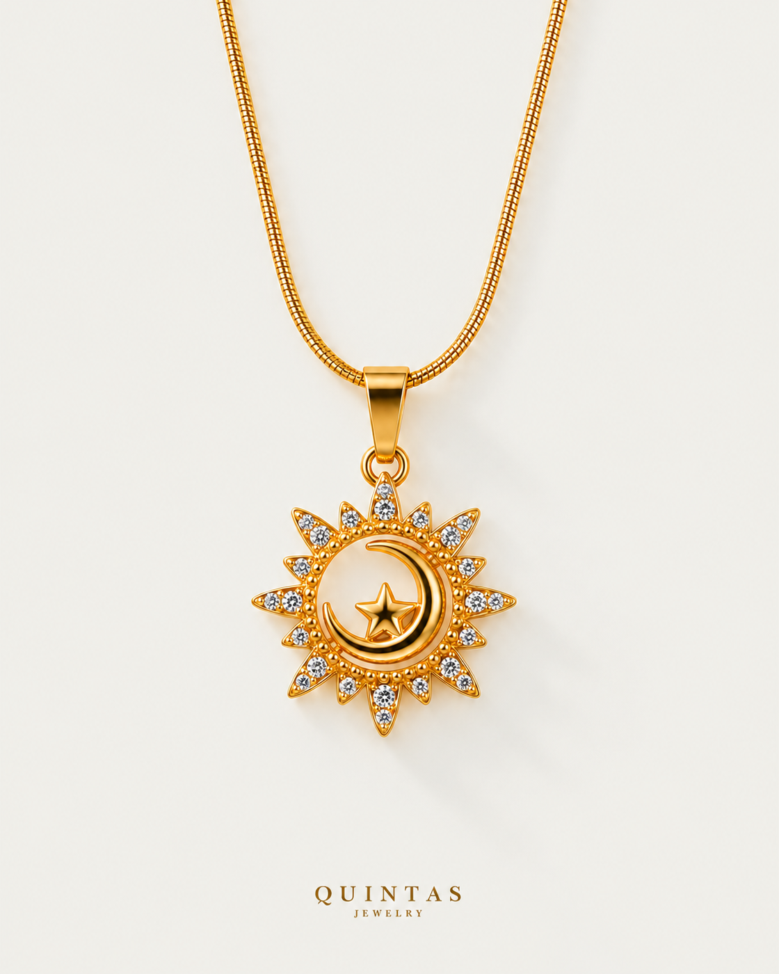 Moon And Sun Eclipse Necklace — snake chain, neutral greige hero