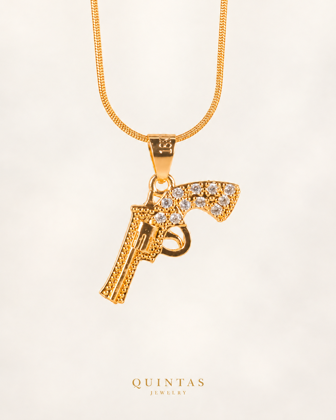 Pistol Charm Necklace — actual Snake chain, source-faithful off-white second photo