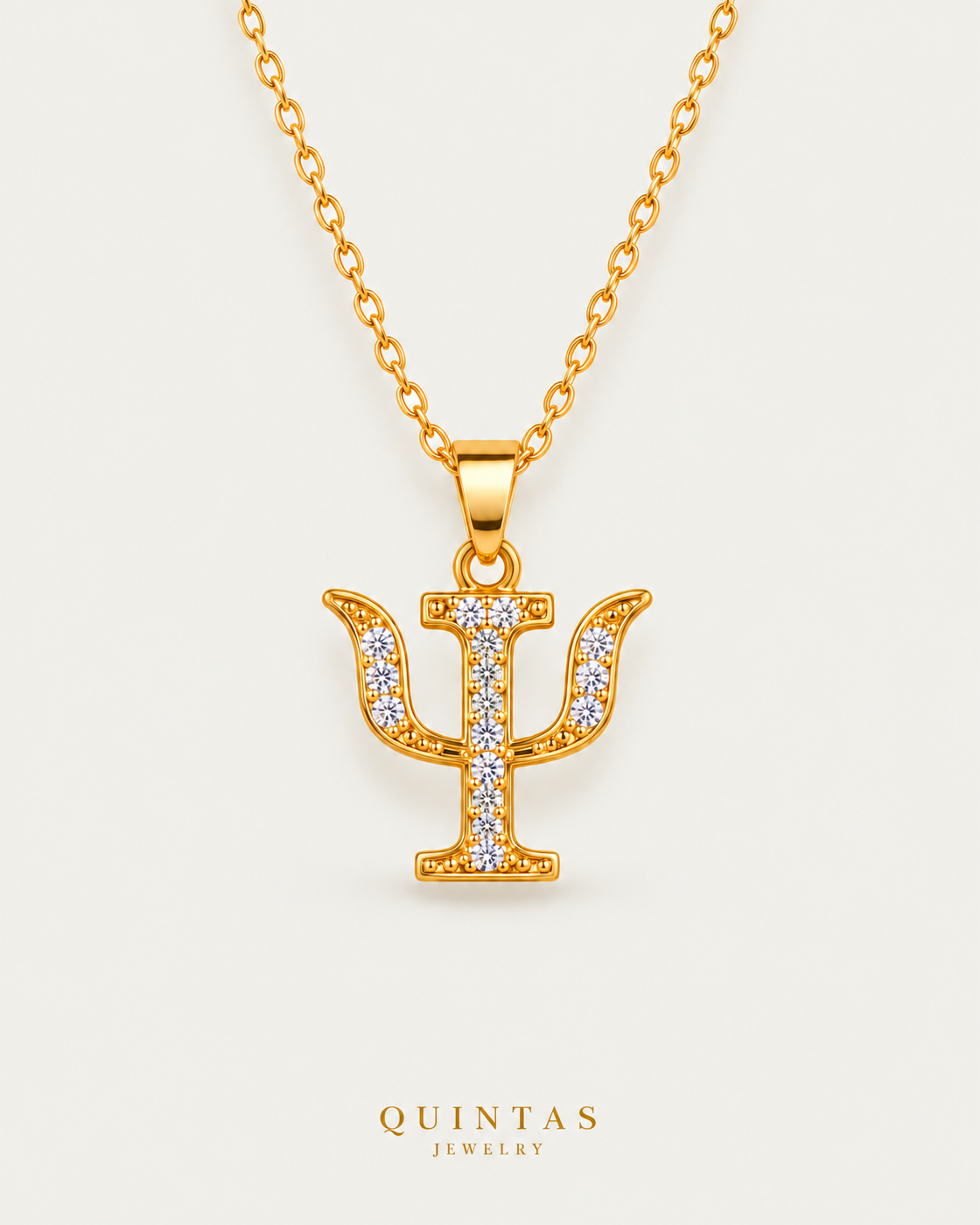 Psychology Psi Necklace gold cable chain hero on neutral greige