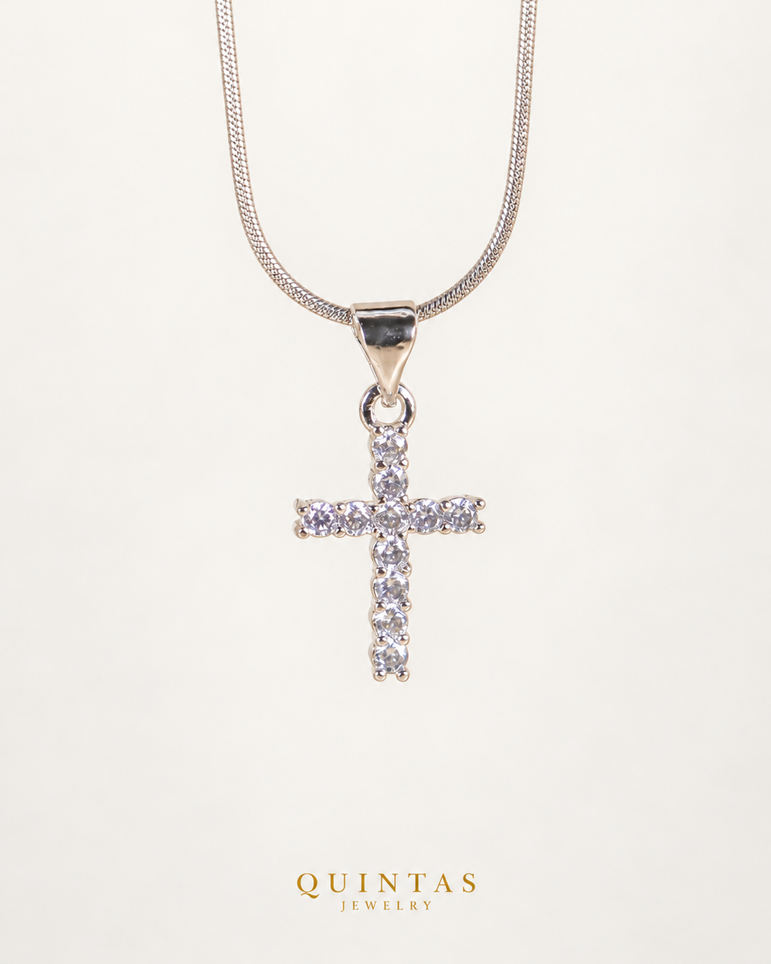 Sanctum Cross Silver Necklace — actual Snake chain, source-faithful off-white second photo