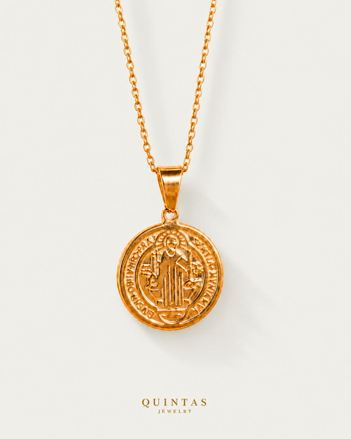 St. Benedict Medallion Necklace — cable chain, neutral greige hero