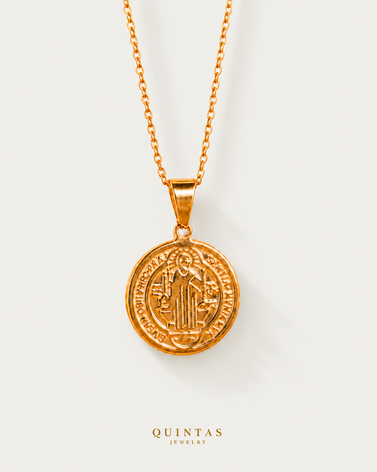 St. Benedict Medallion Necklace — cable chain, neutral greige hero