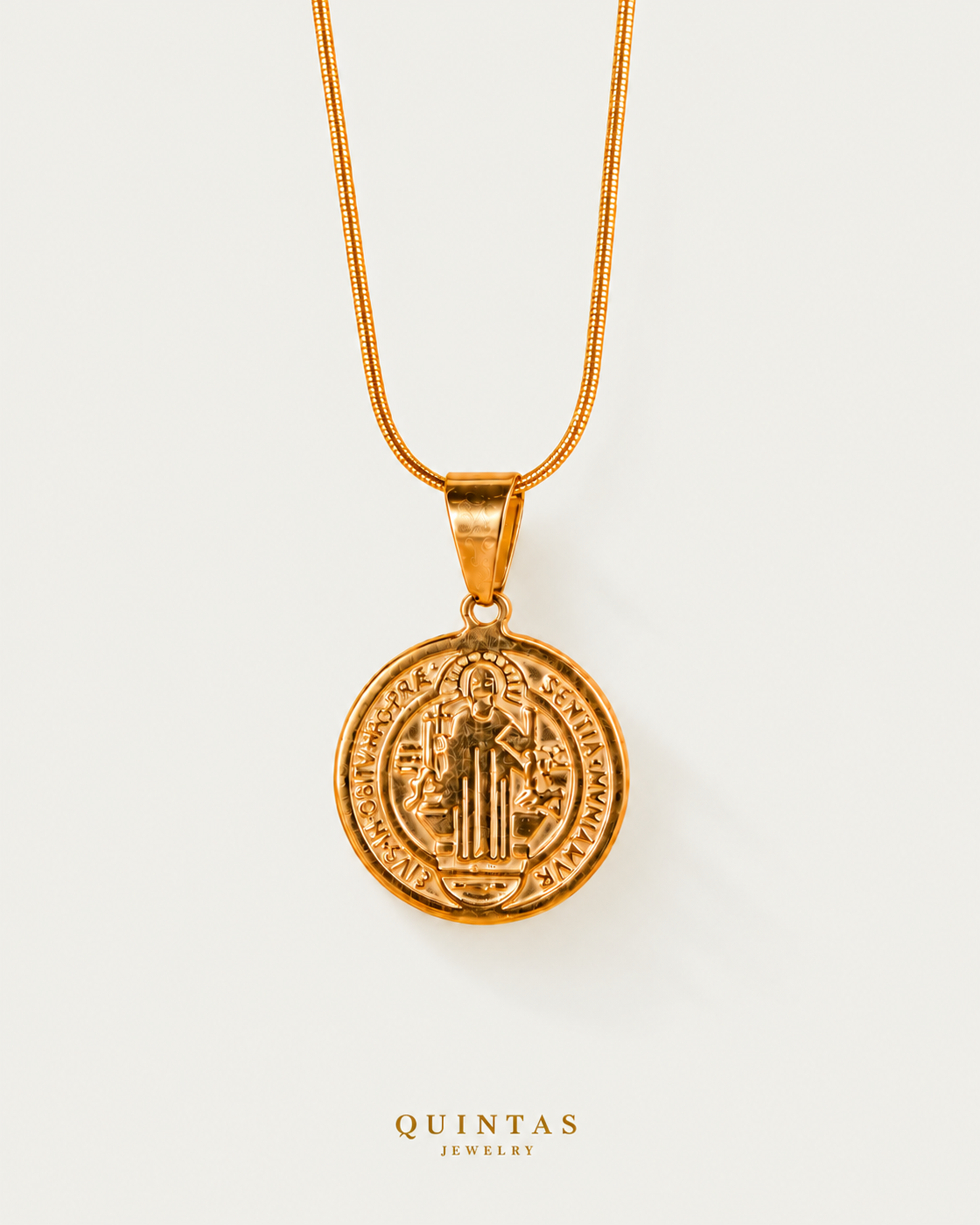 St. Benedict Medallion Necklace — snake chain, neutral greige companion