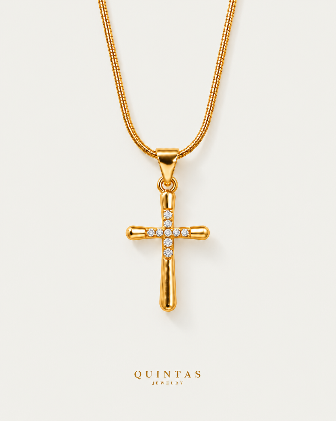 Studded Cross Necklace — snake chain, neutral greige hero