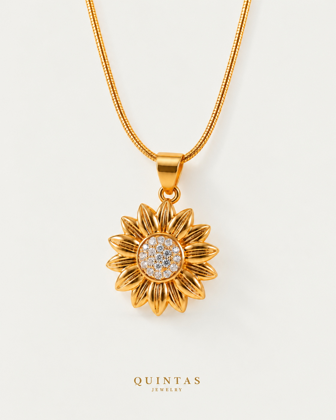 sunflower necklace companion premium snake chain on neutral greige background