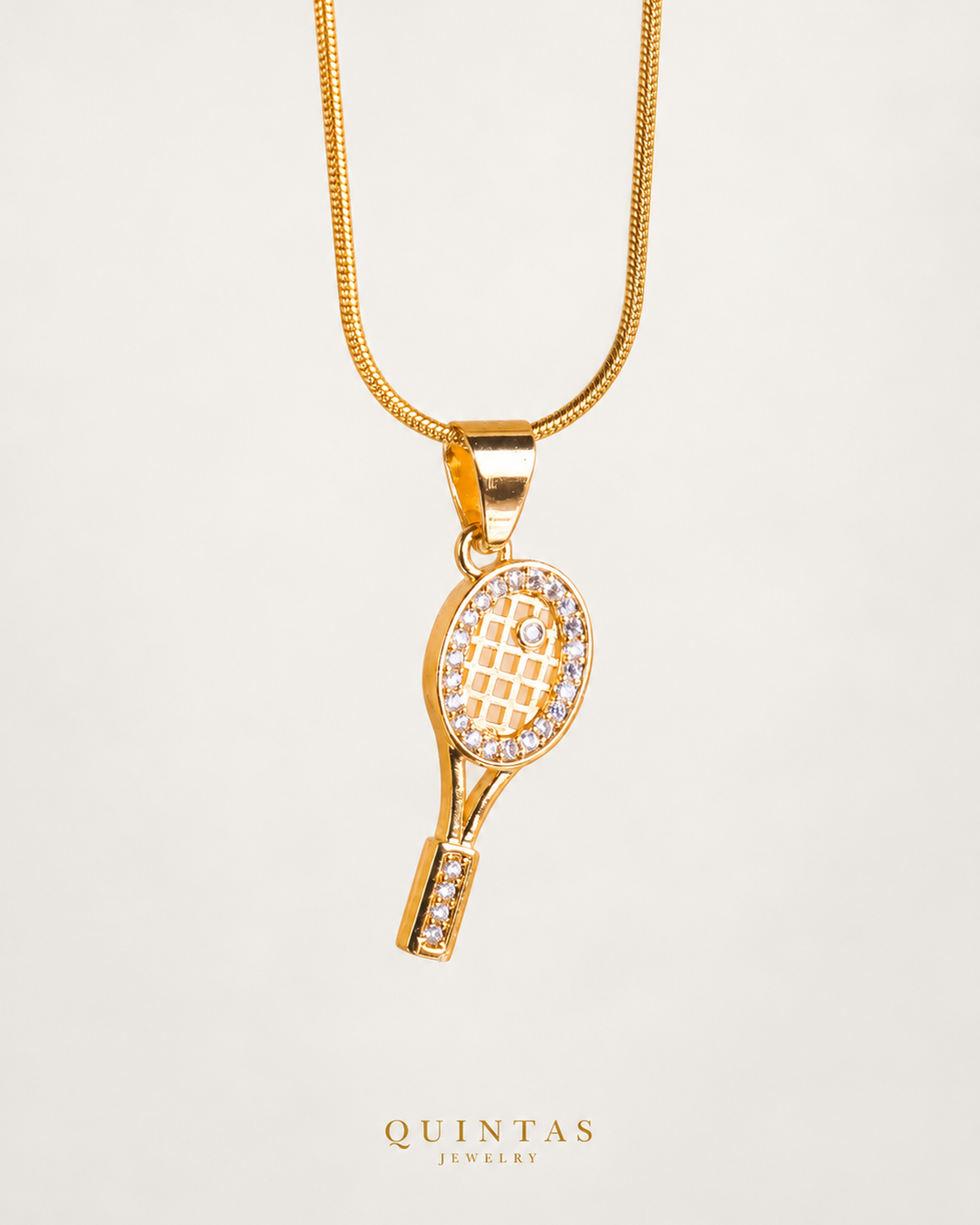 Golden Tennis Racket Necklace — actual Snake chain, source-faithful off-white second photo