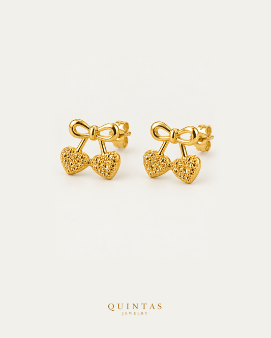 Ribbon Heart Stud Earrings pair, main angle with visible pushback stems