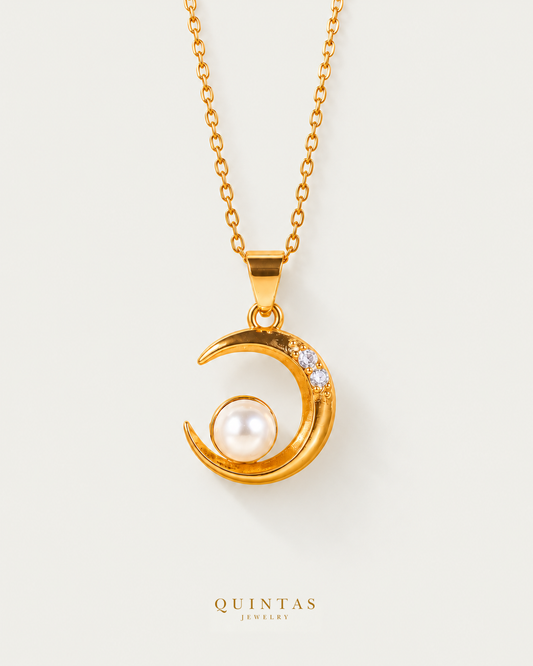 Selena Moon and Pearl Necklace — cable chain hero, authentic canonical gold logo; source geometry preserved; conservative smooth-metal reflection cleanup on companion only