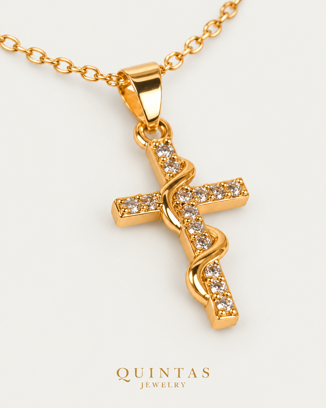 Serpent Cross Amulet — cable chain, genuine oblique detail, neutral greige background