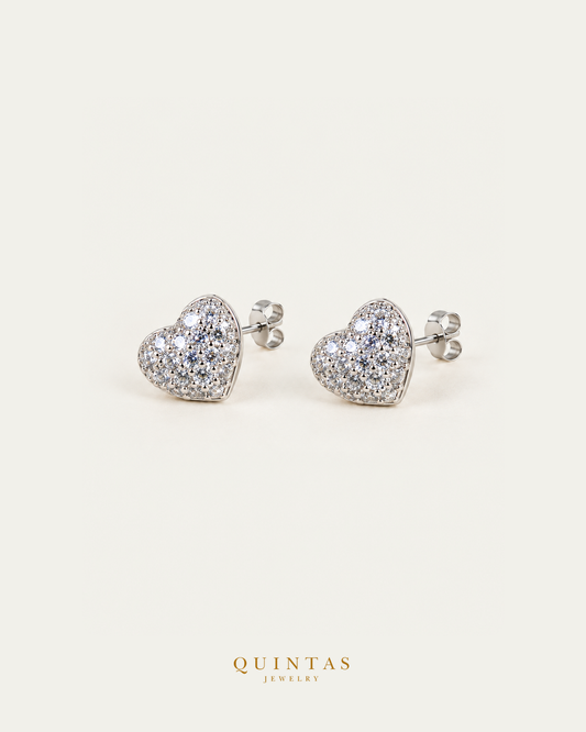 Sparkle Heart Silver Stud Earrings paired main view with connected stems and butterfly pushbacks