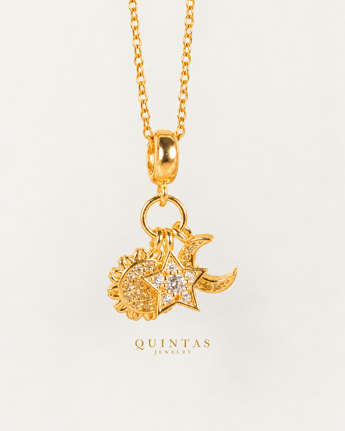 Sun, Moon, and Star Necklace, gold cable chain, front view