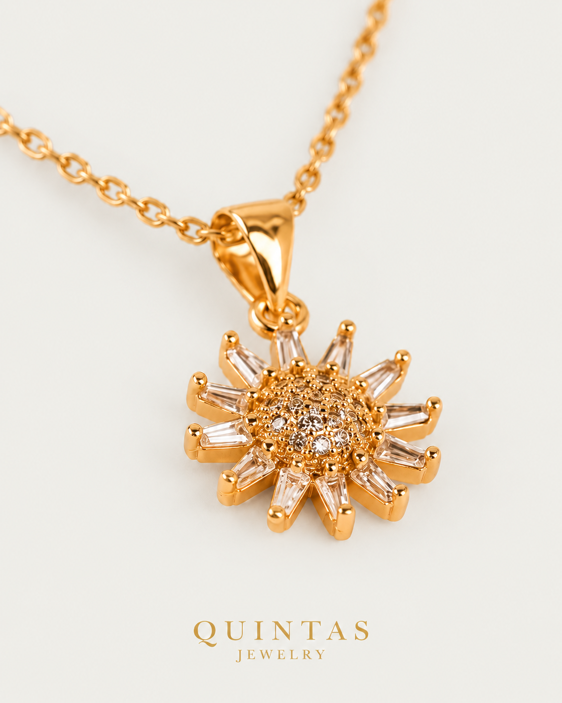 Sunflower Crystal — cable chain, genuine oblique detail, neutral greige background