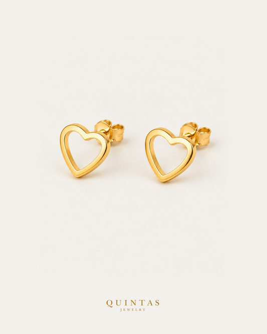 Sweetheart Gold Stud Earrings pair, original flat heart band and visible pushback stems, hero view
