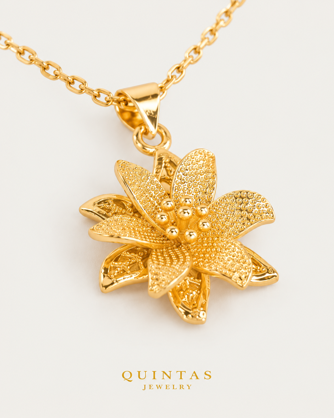 The Flower — cable chain, genuine oblique detail, neutral greige background