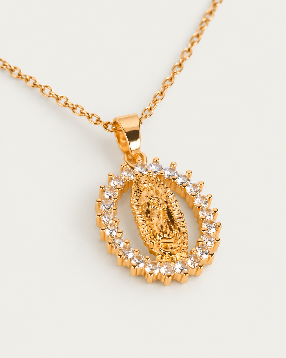 Virgin Mary Halo Necklace, gold cable chain, oblique view