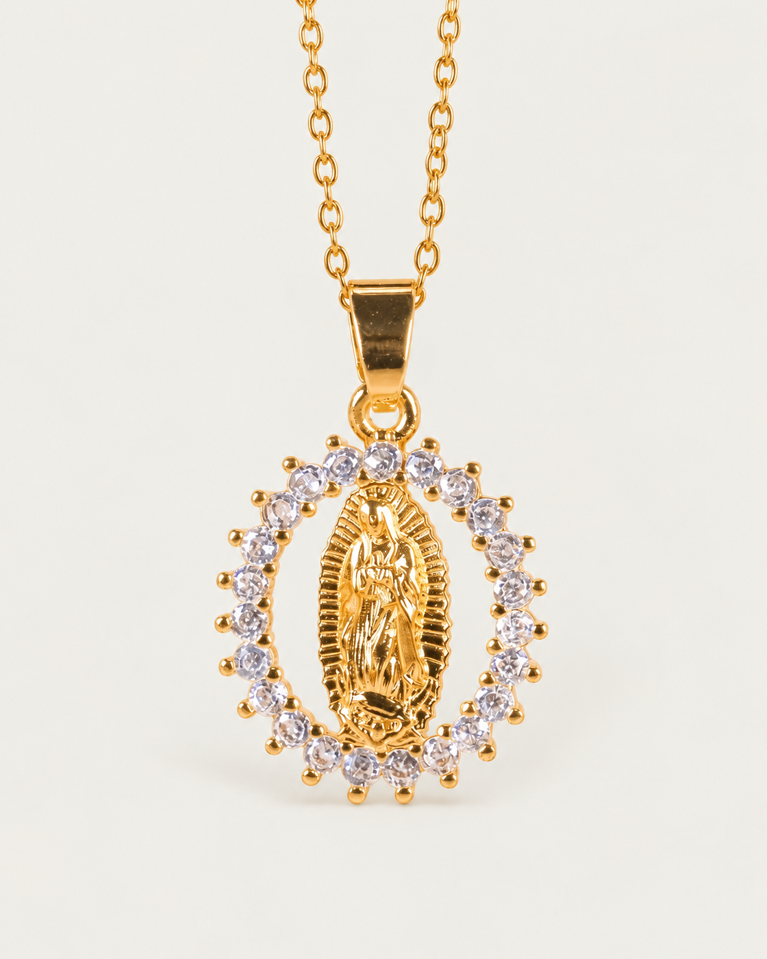 Virgin Mary Halo Necklace, gold cable chain, front view