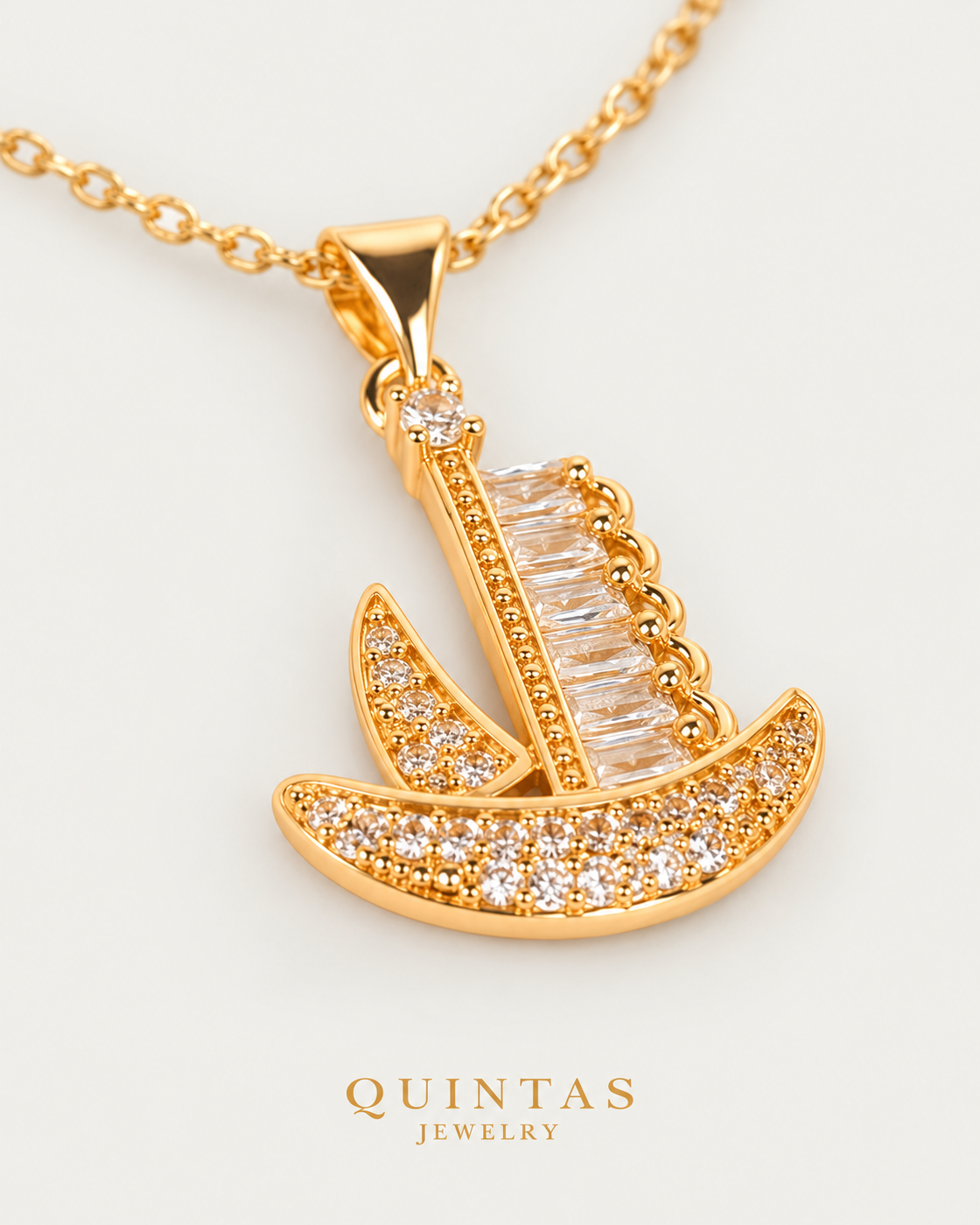 Voyager Ship Charm — cable chain, genuine oblique detail, neutral greige background