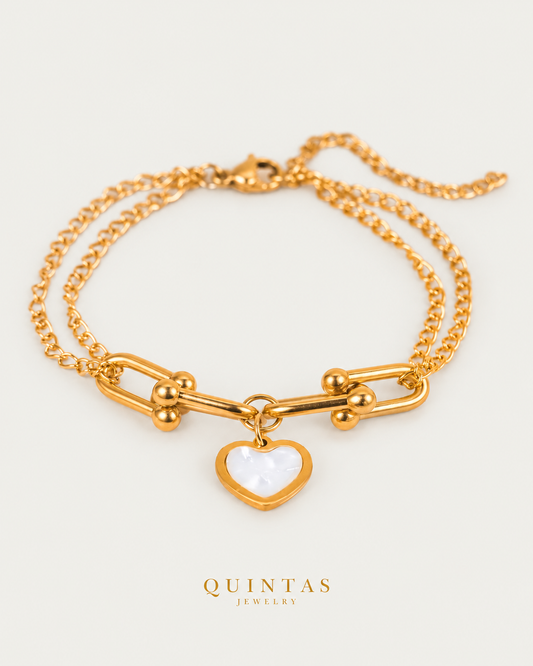 White Heart Link Bracelet — gold bracelet, front hero, neutral greige background