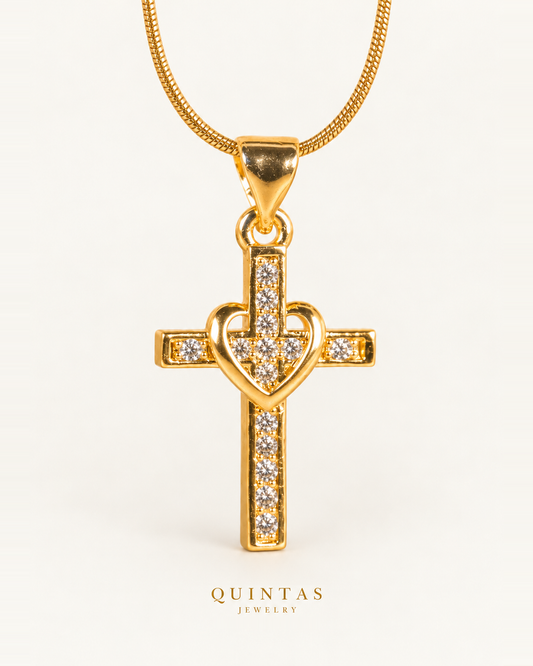 Cross Heart Necklace — LEFT physical gold Snake Cross Heart on off-white background
