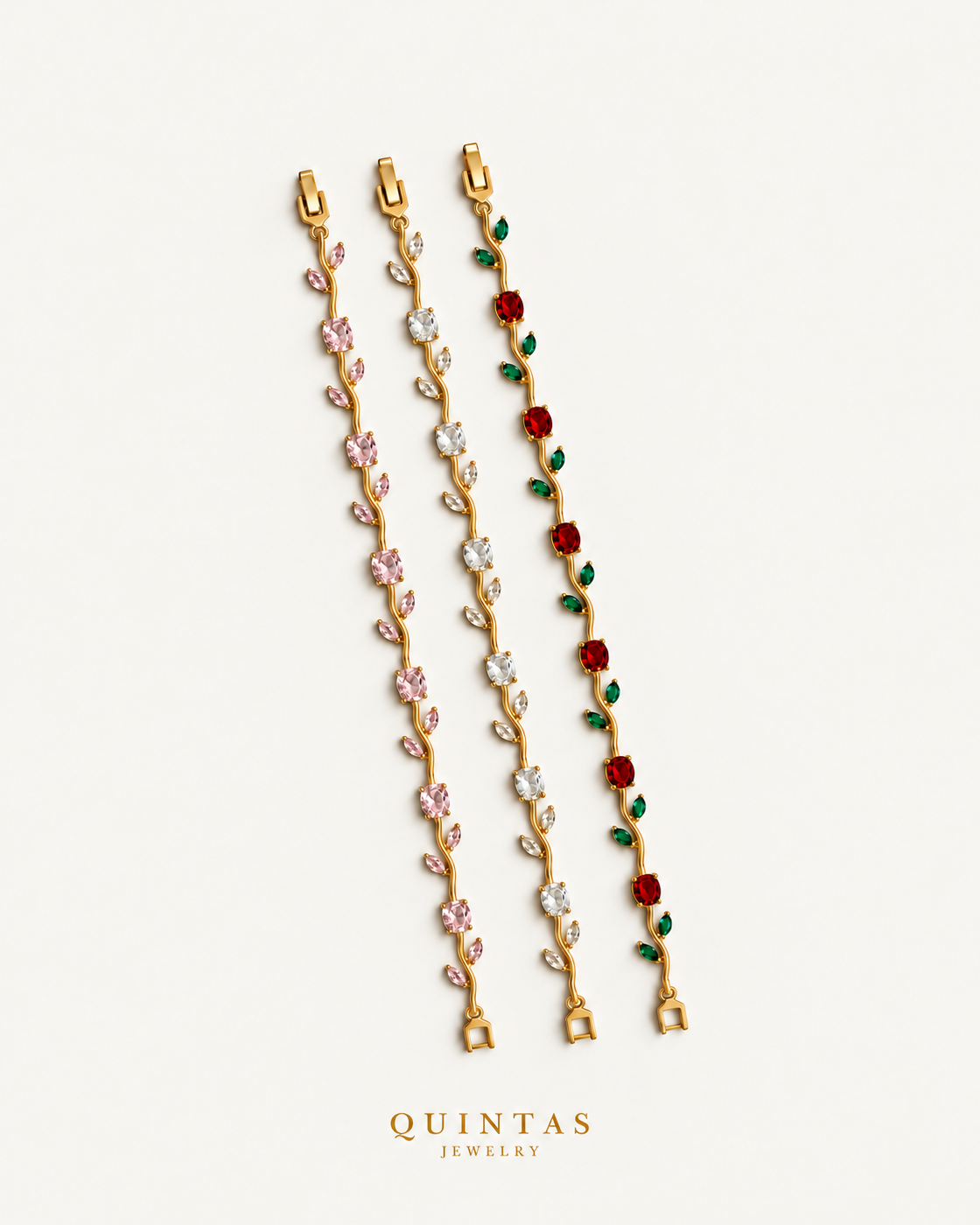 Roselle Flower Bracelet — three photographed colorways: pink, clear, and red oval with green leaves
