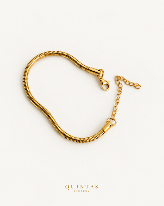 Round Snake Chain Bracelet, overhead source-faithful open arrangement on off-white