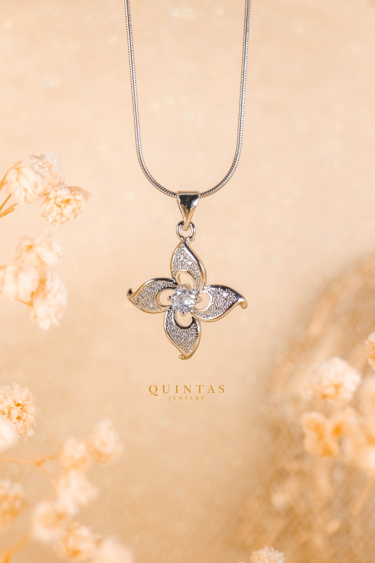 Petal Flower Diamond Silver Necklace