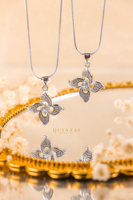 Petal Flower Diamond Silver Necklace