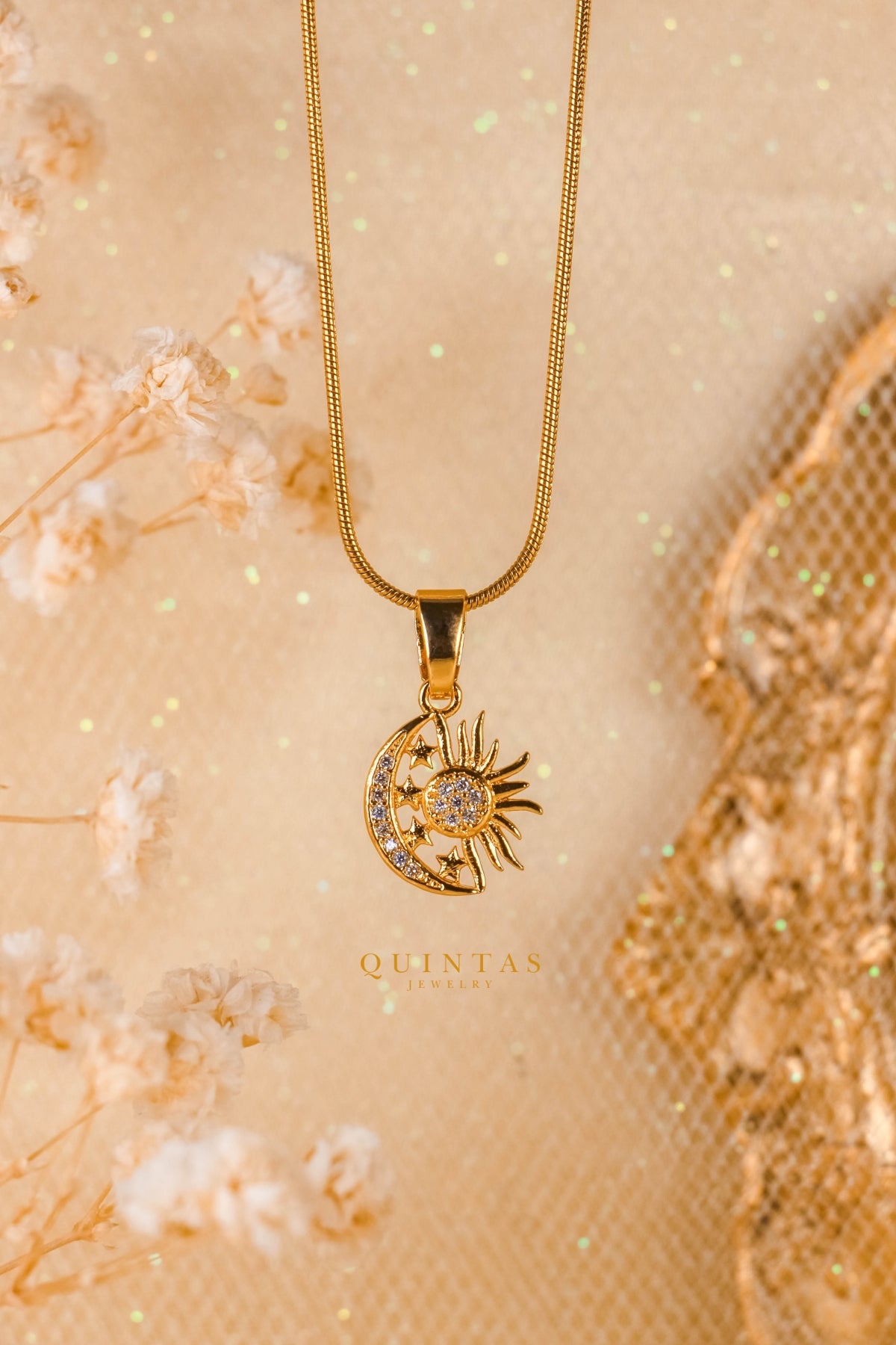 Arzonai RisingMoon Gold Plated Moon And Sun Crystal 100 Language I Love You Necklace  Pendant For