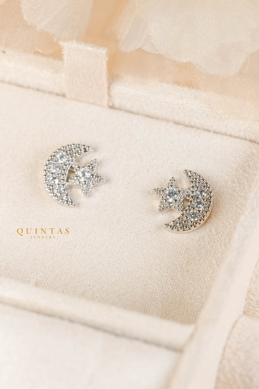 Astrid Moon and Star Silver Stud Earrings