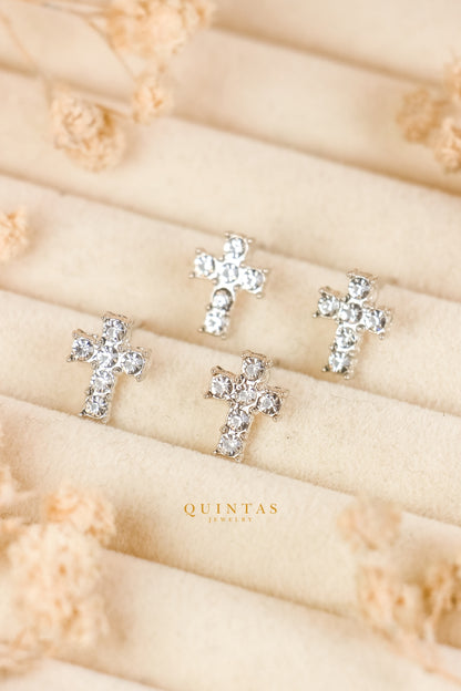 Iced Cross Silver Stud Earrings