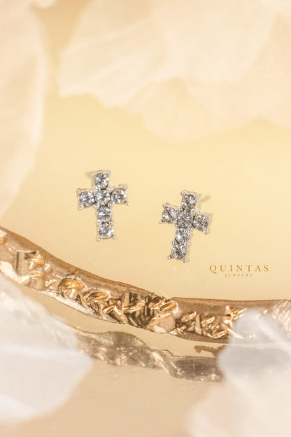 Iced Cross Silver Stud Earrings